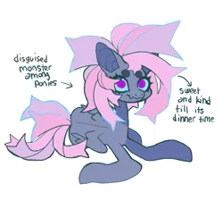 Size: 851x796 | Tagged: safe, artist:cutesykill, derpibooru import, oc, oc:luleya, unofficial characters only, monster pony, pegasus, pony, arrow, beanbrows, big ears, big eyes, blue sclera, colored eyebrows, colored pinnae, colored sclera, eyebrows, eyelashes, female, folded wings, gray coat, image, looking at you, lying down, mare, multiple limbs, no catchlights, pegasus oc, pink mane, pink tail, png, purple eyes, side, simple background, slit pupils, smiling, smiling at you, solo, spiky mane, spiky tail, tail, text, three quarter view, white background, wide eyes, wings