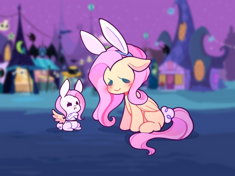 Size: 2662x2001 | Tagged: safe, artist:radiant_toast, derpibooru import, angel bunny, fluttershy, pony, rabbit, g4, angel bunny is not amused, animal, blushing, bunny ears, bunnyshy, crossed arms, duo, duo male and female, fake wings, female, floppy ears, high res, image, jpeg, male, mare, missing cutie mark, nightmare night, ponyville, smiling, unamused, wig