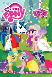 Size: 1753x2560 | Tagged: safe, derpibooru import, official, screencap, applejack, pinkie pie, princess cadance, shining armor, twilight sparkle, alicorn, earth pony, pony, unicorn, g4, animation error, book, bride, bridesmaid, bridesmaid dress, bridesmaids, canterlot, cardboard twilight, clothes, dress, female, gown, groom, horn, image, jewelry, jpeg, looking at each other, looking at someone, looking at you, male, mare, my little pony logo, necklace, open mouth, open smile, outdoors, raised hoof, smiling, smiling at each other, spread wings, stallion, stock vector, tail, unicorn twilight, unshorn fetlocks, wedding dress, wings