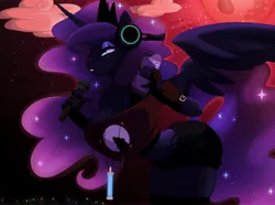 Size: 4096x3046 | Tagged: safe, artist:necropaint, derpibooru import, princess luna, alicorn, anthro, blood moon, booty shorts, breasts, can, cleavage, clothes, female, gloves, glowstick, headphones, high res, image, jpeg, leaning forward, microphone, moon, night, smiling, socks, solo, thigh highs, tube top