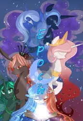 Size: 515x750 | Tagged: safe, artist:阿狼与甜食, derpibooru import, nightmare moon, princess celestia, princess luna, queen chrysalis, oc, alicorn, changeling, changeling queen, pony, comic:epoch(eng), g4, book, comic, comic cover, cover, cover art, crown, ethereal mane, eyes closed, female, helmet, horn, image, jewelry, looking up, mare, mlp fim's fourteenth anniversary, night, peytral, pink-mane celestia, png, regalia, smiling, stars, translator:shaddar, translator:wing regent