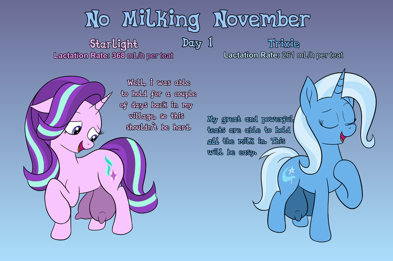 Size: 4636x3084 | Tagged: questionable, artist:wapamario63, derpibooru import, starlight glimmer, trixie, pony, unicorn, series:no milking november 2022 - starlight vs trixie, g4, big crotchboobs, crotchboobs, dialogue, female, gradient background, horn, huge crotchboobs, image, implied lactation, mare, no milking november, nudity, open mouth, png, simple background, teats, text