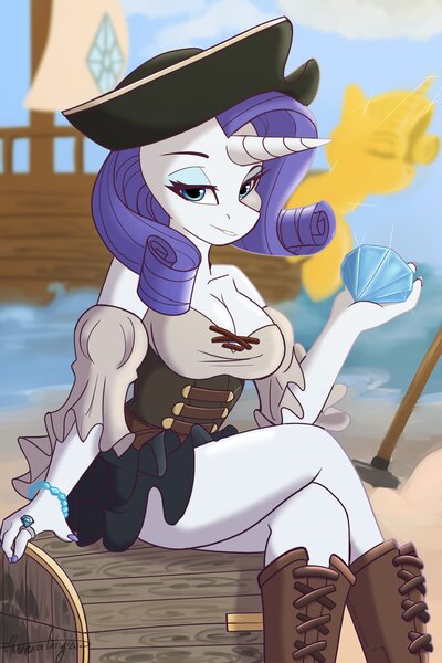 Size: 1567x2351 | Tagged: suggestive, artist:aurorafang, derpibooru import, rarity, unicorn, horn, image, jpeg, pirate, solo