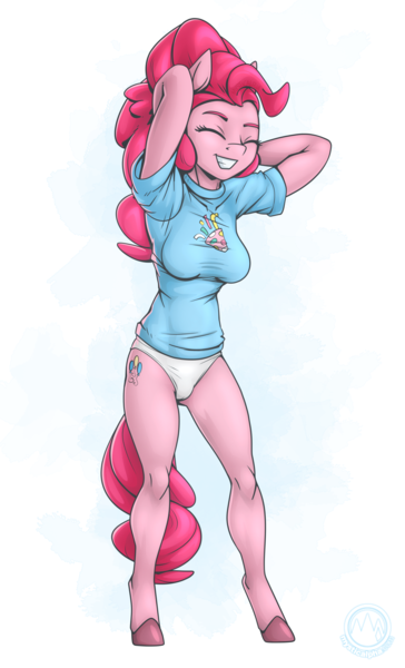 Size: 2231x3675 | Tagged: suggestive, alternate version, artist:mysticalpha, derpibooru import, pinkie pie, anthro, earth pony, unguligrade anthro, g4, arm behind head, breasts, busty pinkie pie, clothes, eyes closed, female, grin, image, multiple variants, nudity, panties, png, shirt, smiling, solo, solo female, underwear, vulva