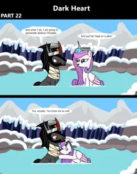 Size: 1920x2432 | Tagged: safe, artist:platinumdrop, derpibooru import, king sombra, princess flurry heart, alicorn, pony, unicorn, comic:dark heart, g4, 2 panel comic, alternate timeline, bandage, blood, blushing, comic, commission, crown, crystal, crystal empire, cuddling, dark crystal, dialogue, evil flurry heart, female, flirting, folded wings, horn, hot springs, husband and wife, image, injured, jewelry, looking at each other, looking at someone, male, mare, mountain, mountain range, older, older flurry heart, onsen, open mouth, open smile, outdoors, png, regalia, rock, ship:flurrybra, shipping, sitting, smiling, smiling at someone, snow, snuggling, speech bubble, stallion, straight, towel, victorious villain, wings