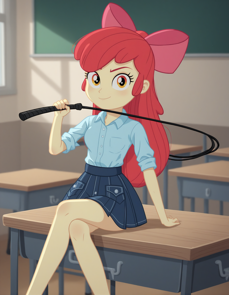 Size: 2144x2760 | Tagged: suggestive, ai content, derpibooru import, machine learning generated, prompter:kimberlite, stable diffusion, apple bloom, human, equestria girls, g4, classroom, clothes, image, legs together, mischievous, mistress, older, older apple bloom, outdoors, png, skirt, solo, student, teenager, whip