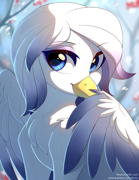 Size: 3824x4960 | Tagged: safe, artist:fensu-san, derpibooru import, oc, oc:glaucous, unofficial characters only, gryphon, blurry background, bust, chest fluff, commission, cute, digital art, eyeshadow, female, griffon oc, image, looking at you, makeup, png, portrait, signature, smiling, smiling at you, snow, snowfall, solo, wings