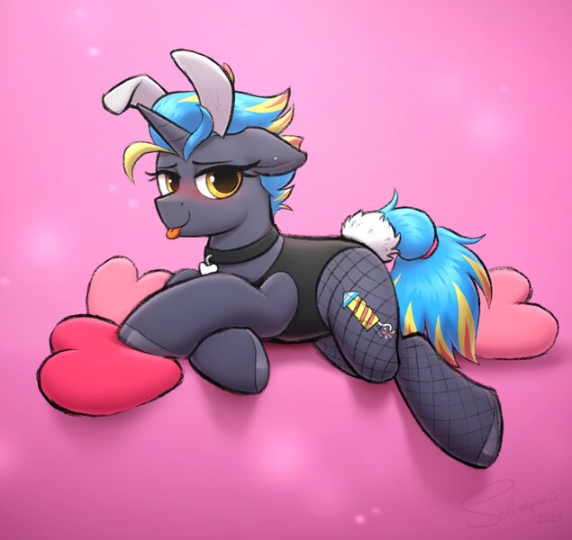 Size: 3363x3177 | Tagged: suggestive, artist:selenophile, derpibooru import, oc, unofficial characters only, pony, unicorn, :p, clothes, fishnet clothing, fishnets, horn, image, jpeg, socks, solo, stockings, thigh highs, tongue out, unicorn oc