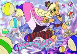 Size: 1500x1065 | Tagged: safe, artist:sepiakeys, derpibooru import, applejack, anthro, bird, flamingo, unguligrade anthro, g4, alice in wonderland, bloomers, clothes, croquet, dress, fishnet clothing, fishnets, garter belt, image, png, socks, solo, stockings, thigh highs