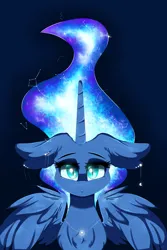 Size: 4000x6000 | Tagged: safe, artist:natanvok, derpibooru import, princess luna, alicorn, pony, g4, bust, constellation, constellation hair, ear fluff, ethereal mane, female, floppy ears, horn, image, looking at you, mare, partially open wings, png, portrait, slit pupils, solo, starry mane, wings