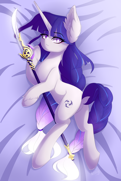 Size: 4000x6000 | Tagged: safe, artist:natanvok, derpibooru import, ponified, pony, unicorn, butt, dock, ear fluff, eyebrows, eyebrows visible through hair, featureless crotch, genshin impact, hoof fluff, horn, image, lying down, naginata, plot, png, raiden shogun (genshin impact), side, solo, tail