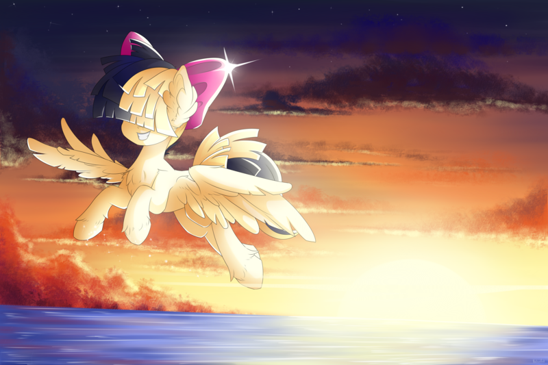 Size: 6000x4000 | Tagged: safe, artist:natanvok, derpibooru import, songbird serenade, pegasus, pony, g4, my little pony: the movie, absurd resolution, bow, female, flying, grin, hair bow, hoof fluff, image, mare, outdoors, png, sky, smiling, solo, spread wings, unshorn fetlocks, water, wings