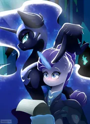 Size: 4000x5500 | Tagged: safe, artist:natanvok, derpibooru import, nightmare moon, rarity, alicorn, pony, unicorn, g4, alternate hairstyle, alternate timeline, duo, duo female, ear fluff, fangs, feather fingers, female, glow, glowing horn, horn, image, levitation, magic, magic aura, night maid rarity, nightmare takeover timeline, png, slit pupils, telekinesis, wing hands, wings