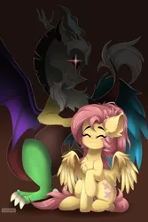 Size: 4000x6000 | Tagged: safe, artist:natanvok, derpibooru import, discord, fluttershy, draconequus, pegasus, pony, g4, blushing, chest fluff, duo, duo male and female, ear fluff, eyes closed, female, glow, glowing eyes, glowing eyes of doom, gradient background, image, male, mare, png, raised hoof, sitting, smiling, wings