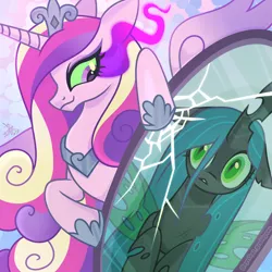 Size: 1280x1280 | Tagged: safe, artist:syrikatgrubiyana, derpibooru import, princess cadance, queen chrysalis, alicorn, changeling, changeling queen, pony, g4, cracked, crown, duo, duo female, evil cadance, female, hoof shoes, image, jewelry, mare, mirror, png, regalia, revenge, sombra eyes, trapped