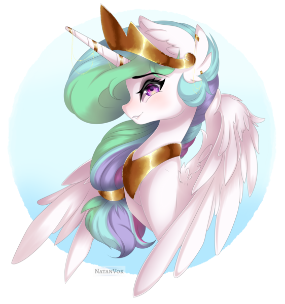 Size: 5615x6000 | Tagged: safe, artist:natanvok, derpibooru import, princess celestia, alicorn, pony, g4, blushing, bust, crown, ear fluff, horn, image, jewelry, peytral, png, portrait, profile, regalia, solo, wings