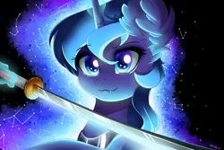 Size: 4500x3000 | Tagged: safe, artist:natanvok, derpibooru import, princess luna, pony, g4, constellation, cute, cute little fangs, ear fluff, ethereal mane, fangs, galaxy mane, glow, glowing horn, horn, image, katana, levitation, magic, magic aura, png, solo, sword, telekinesis, weapon