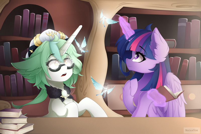 Size: 6000x4000 | Tagged: safe, artist:natanvok, derpibooru import, twilight sparkle, twilight sparkle (alicorn), ponified, alicorn, pony, unicorn, g4, book, bookshelf, duo, duo female, ear fluff, eyebrows, eyebrows visible through hair, female, genshin impact, glow, glowing horn, golden oaks library, horn, image, indoors, levitation, library, magic, magic aura, mare, open mouth, png, sucrose (genshin impact), telekinesis