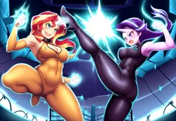 Size: 1216x832 | Tagged: safe, ai content, derpibooru import, machine learning generated, novelai, stable diffusion, starlight glimmer, sunset shimmer, human, equestria girls, g4, boots, breasts, busty starlight glimmer, busty sunset shimmer, catsuit, cleavage, clothes, fight, high heel boots, high heels, high kick, horn, horned humanization, humanized, image, kick, kicking, magic, martial arts, png, shoes, skintight clothes, sunset vs starlight