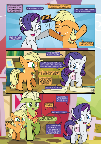 Size: 1920x2715 | Tagged: safe, artist:alexdti, derpibooru import, applejack, granny smith, rarity, pony, comic:how we met, g4, bag, female, filly, filly applejack, filly rarity, floppy ears, image, png, saddle bag, younger