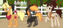 Size: 1280x565 | Tagged: safe, artist:vi45, derpibooru import, oc, unofficial characters only, earth pony, pegasus, pony, unicorn, apple, apple tree, clothes, fence, food, hat, horn, image, male, png, stallion, tree, trio, vest