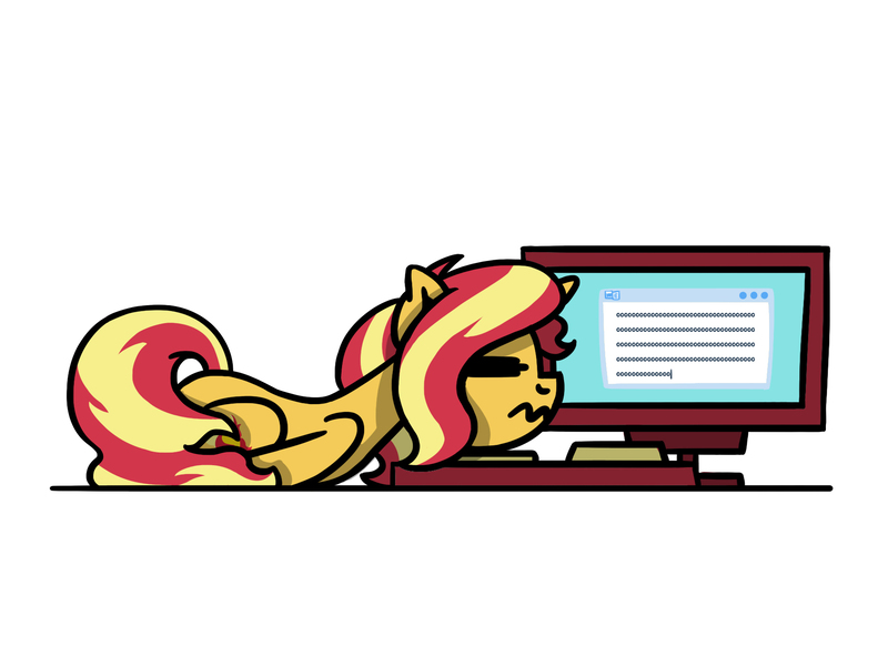 Size: 1800x1350 | Tagged: safe, artist:flutterluv, derpibooru import, sunset shimmer, pony, unicorn, g4, computer, eyes closed, horn, image, jpeg, keyboard, lying down, ponified animal video, prone, simple background, solo, wavy mouth, white background, writer's block