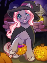 Size: 1800x2400 | Tagged: safe, artist:sparkytopia, derpibooru import, starsong, pegasus, pony, g3, blue eyes, cape, clothes, colored wings, costume, gradient wings, halloween, halloween costume, hat, holiday, image, jack-o-lantern, looking at you, open mouth, open smile, pink mane, png, pumpkin, purple coat, signature, smiling, solo, trick or treat, unshorn fetlocks, wings, witch costume, witch hat