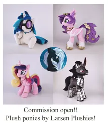 Size: 2135x2496 | Tagged: safe, artist:larsen toys, derpibooru import, king sombra, pipp petals, princess cadance, vinyl scratch, oc, oc:dj-pon3, alicorn, bat pony, original species, pegasus, plush pony, pony, unicorn, g4, g5, my little pony: a new generation, accessory, advertisement, armor, canon x oc, commission, commission example, commission info, customized toy, female, glasses, hairpin, horn, image, irl, jewelry, jpeg, mare, photo, plushie, solo, sunglasses, toy