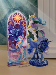 Size: 2126x2834 | Tagged: safe, derpibooru import, kotobukiya, official, princess celestia, princess luna, alicorn, acrylic plastic, acrylic standee, craft, duo, image, jpeg, kotobukiya princess celestia, kotobukiya princess luna, looking at each other, looking at someone, looking at you, merchandise, spread wings, stained glass, stars, sun, wings