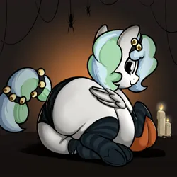 Size: 1310x1310 | Tagged: suggestive, artist:andesblorps, derpibooru import, oc, oc:river chime, unofficial characters only, pegasus, pony, belly, butt, butt focus, candle, clothes, fat, female, halloween, holiday, image, jpeg, large butt, looking at you, looking back, mare, obese, panties, pumpkin, smiling, socks, solo, striped socks, underhoof, underwear