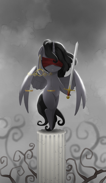 Size: 965x1667 | Tagged: safe, artist:gashiboka, derpibooru import, oc, unofficial characters only, alicorn, pony, blindfold, everfree tarot, female, image, justice, justitia, lady justice (goddess), major arcana, mare, png, scales, scales of justice, solo, sword, tarot, tarot card, weapon