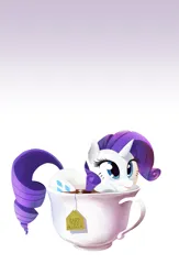 Size: 1611x2471 | Tagged: safe, artist:gashiboka, derpibooru import, rarity, pony, unicorn, g4, cup, cup of pony, female, food, frown, horn, image, lock screen, mare, micro, png, pun, raritea, solo, tea, teacup, visual pun, watermark