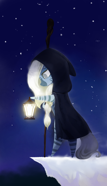 Size: 965x1667 | Tagged: safe, artist:gashiboka, derpibooru import, zebra, cliff, cloak, clothes, everfree tarot, image, lantern, major arcana, png, solo, staff, stars, tarot, tarot card, the hermit