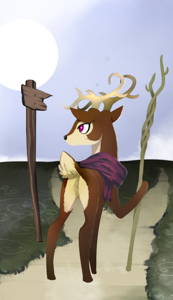 Size: 965x1667 | Tagged: safe, artist:gashiboka, derpibooru import, oc, unofficial characters only, deer, pony, clothes, everfree tarot, image, minor arcana, png, scarf, sign, solo, staff, tarot, tarot card, two of batons, two of clubs, two of wands