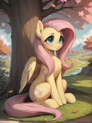 Size: 1496x2000 | Tagged: safe, ai content, derpibooru import, machine learning generated, prompter:lagerai, stable diffusion, fluttershy, pegasus, pony, g4, chest fluff, cute, field, generator:pony diffusion v6 xl, grass, image, outdoors, png, river, sitting, smiling, solo, tree, water