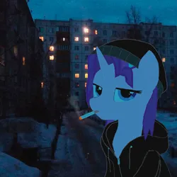 Size: 1024x1024 | Tagged: safe, artist:popusk, derpibooru import, starlight glimmer, pony, unicorn, g4, beanie, cigarette, clothes, derpibooru exclusive, doomer, female, hat, hoodie, horn, image, jpeg, looking at you, mare, meme, ponified meme, russia, smoke, smoking, snow, solo, tired