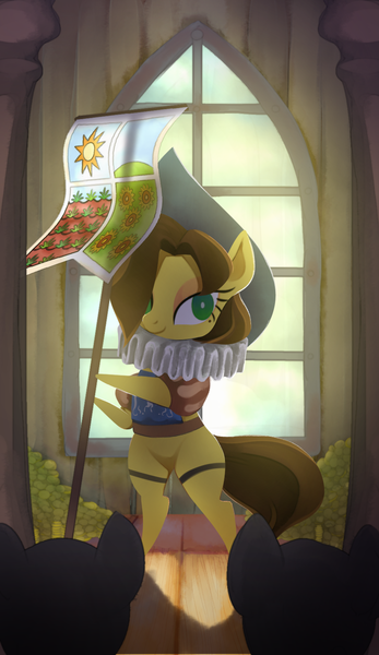 Size: 965x1667 | Tagged: safe, artist:gashiboka, derpibooru import, chancellor puddinghead, earth pony, pony, g4, banner, everfree tarot, hat, image, major arcana, png, ruff (clothing), solo focus, tarot, tarot card, the hierophant