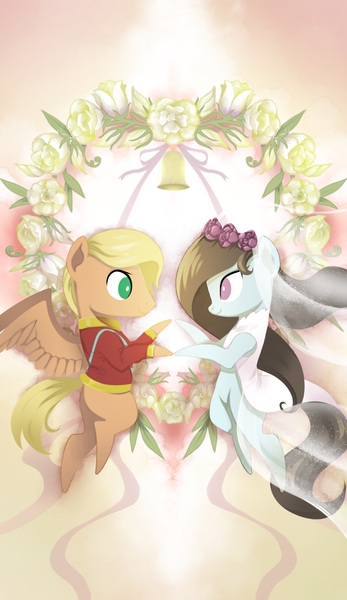 Size: 965x1667 | Tagged: safe, artist:gashiboka, derpibooru import, oc, unofficial characters only, earth pony, pegasus, pony, bell, duo, everfree tarot, image, major arcana, marriage, png, tarot, tarot card, the lovers, wedding, wreath