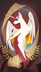 Size: 965x1667 | Tagged: safe, artist:gashiboka, derpibooru import, oc, oc:fausticorn, unofficial characters only, alicorn, pony, alicorn oc, everfree tarot, female, horn, image, major arcana, mare, png, quill, scroll, solo, tarot, tarot card, the world, wings