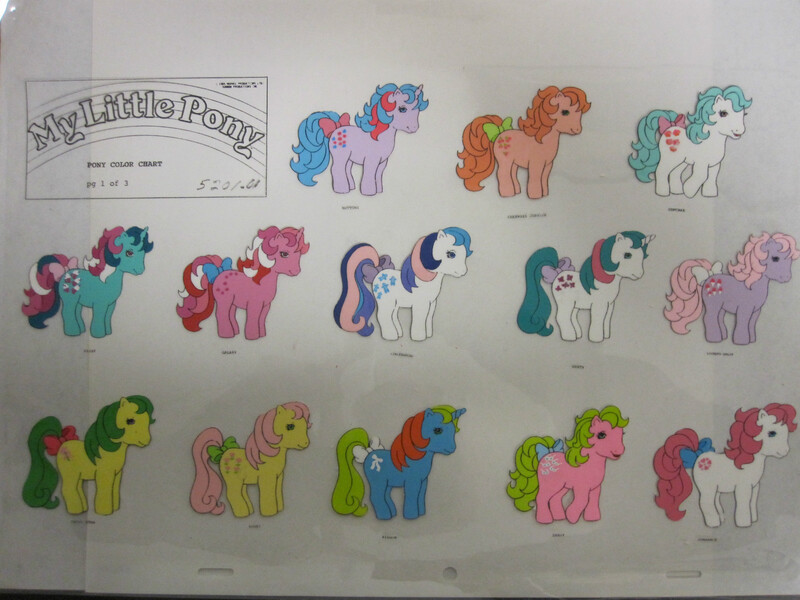 Size: 1600x1200 | Tagged: safe, derpibooru import, official, buttons (g1), cherries jubilee, cupcake (g1), fizzy, galaxy (g1), gingerbread, gusty, lickety-split, magic star, posey, ribbon (g1), shady, sundance, earth pony, pony, unicorn, g1, bow, female, horn, image, jpeg, mare, my little pony logo, reference sheet, tail, tail bow, traditional art