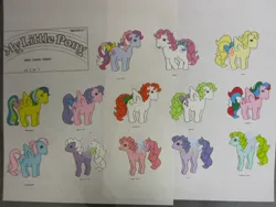 Size: 1600x1200 | Tagged: safe, derpibooru import, official, honeysuckle, lily (g1), lofty, masquerade (g1), morning glory, paradise, surprise, sweet stuff, truly, whizzer, wind whistler, earth pony, flutter pony, pegasus, pony, g1, bow, female, forget-me-not, image, jpeg, mare, my little pony logo, north star (g1), reference sheet, smiling, spread wings, tail, tail bow, traditional art, wings