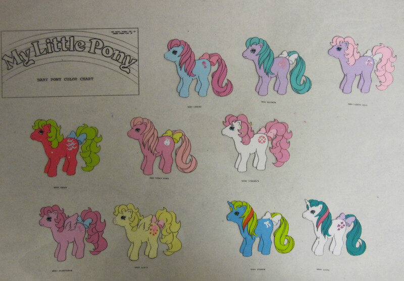 Size: 1600x1115 | Tagged: safe, derpibooru import, official, baby cuddles, baby gusty, baby half note, baby heart throb, baby lofty, baby ribbon, baby shady, baby sundance, earth pony, pegasus, pony, unicorn, g1, baby lickety-split, baby tiddley-winks, bow, female, filly, foal, horn, image, jpeg, my little pony logo, reference sheet, spread wings, tail, tail bow, traditional art, wings