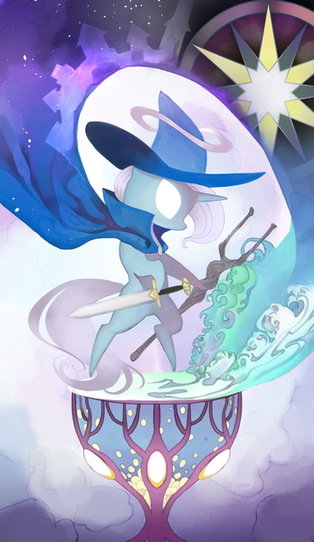 Size: 965x1667 | Tagged: safe, artist:gashiboka, derpibooru import, trixie, pony, unicorn, g4, everfree tarot, female, glow, glowing eyes, horn, image, major arcana, mare, png, solo, staff, staff of sameness, sword, tarot card, the magician, weapon