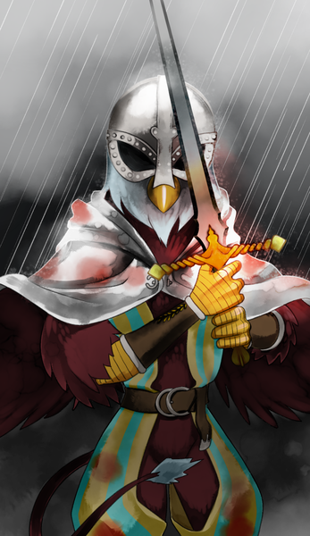 Size: 965x1667 | Tagged: safe, artist:gashiboka, derpibooru import, gryphon, armor, card, everfree tarot, image, knight of spades, knight of swords, minor arcana, png, rain, solo, sword, tarot, tarot card, weapon