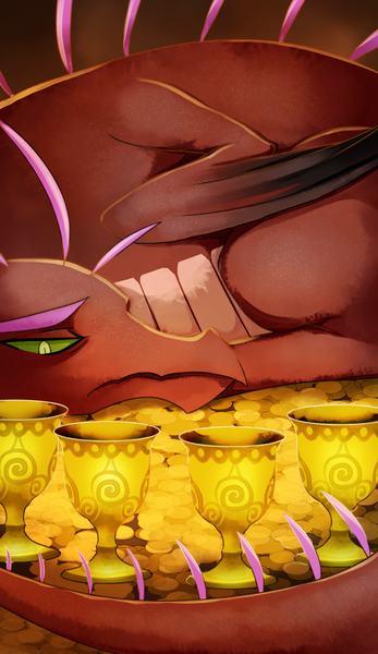 Size: 965x1667 | Tagged: safe, artist:gashiboka, derpibooru import, dragon, cup, dragon hoard, everfree tarot, four of cups, four of hearts, hoard, image, minor arcana, png, tarot, tarot card, treasure