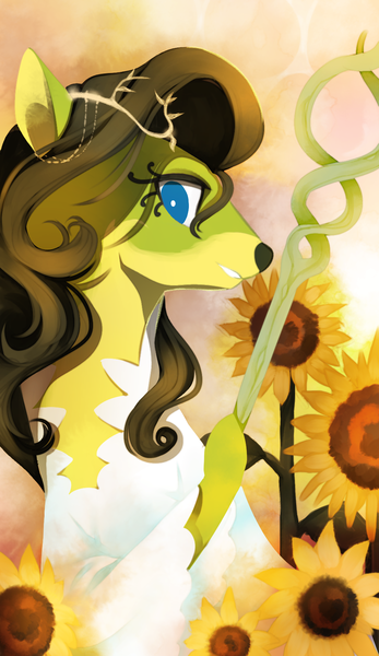 Size: 965x1667 | Tagged: safe, artist:gashiboka, derpibooru import, deer, pony, everfree tarot, female, flower, image, minor arcana, png, queen, queen of batons, queen of clubs, queen of wands, solo, staff, sunflower, tarot, tarot card