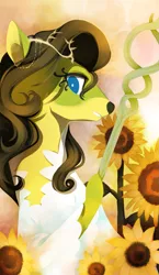 Size: 965x1667 | Tagged: safe, artist:gashiboka, derpibooru import, deer, pony, everfree tarot, female, flower, image, minor arcana, png, queen, queen of batons, queen of clubs, queen of wands, solo, staff, sunflower, tarot, tarot card