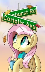 Size: 1500x2400 | Tagged: safe, artist:notadeliciouspotato, derpibooru import, fluttershy, pegasus, pony, g4, autumn, clothes, cloud, female, hoof hold, image, leaves, looking up, mare, mug, png, scarf, signature, smiling, solo, street sign