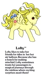 Size: 550x1000 | Tagged: safe, derpibooru import, official, lofty, pegasus, pony, g1, bow, cute, female, flying, g1 backstory, image, jpeg, lofty can fly, loftybetes, mare, my little pony fact file, smiling, solo, tail, tail bow