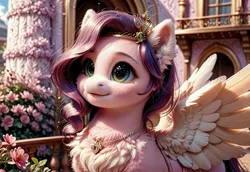 Size: 3072x2112 | Tagged: safe, ai content, derpibooru import, machine learning generated, prompter:kluknawa235, stable diffusion, pipp petals, pegasus, pony, g5, adorapipp, chest fluff, cute, decoration, detailed, ear fluff, flower, fluffy, image, jewelry, jpeg, necklace, realistic, smiling, solo, tiara, wings